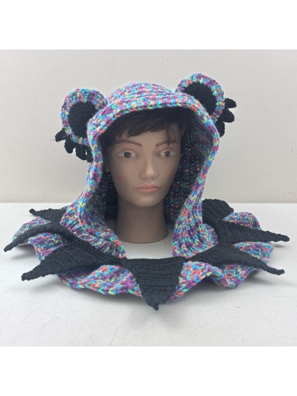 Handmade Crochet Purple Blue Green & Black Dancing Bear Festival Oversized Hood